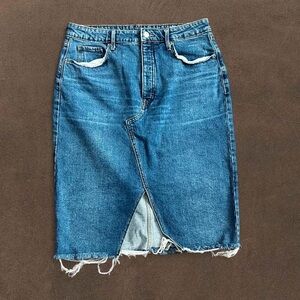 Blue Denim Skirt with Frayed Hem